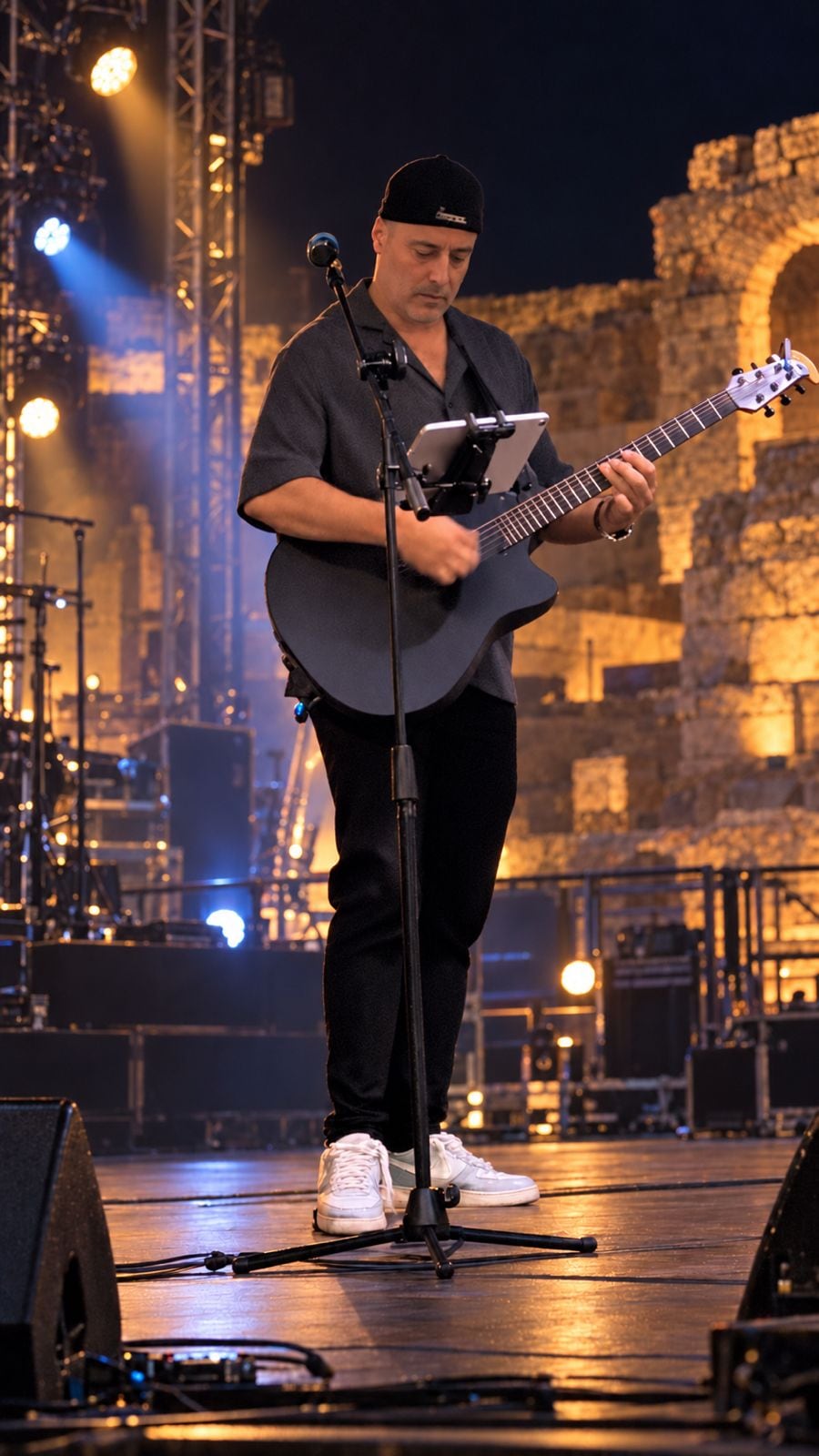 Erez Biton on stage with an acoustic guitar in Caesarea, ancient stone arches behind him